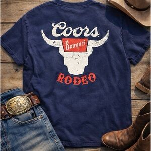 Coors Banquet Rodeo Bull Skull Graphic Tee Navy Size Large